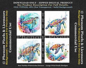4 Sea Turtle Watercolor Scenes - Commercial Use - JPG Format - Downloadable Turtle Art - Digital Download