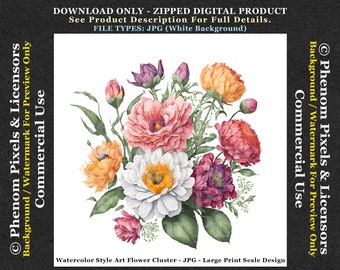 Watercolor Style Flower Cluster Bouquet - Commercial Use - JPG Format - Downloadable Floral Art - Digital Download