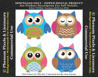 Owl Template Vectors  - Commercial Use - SVG Vectors, PNGs - Cute Cartoon Owls - Digital Download