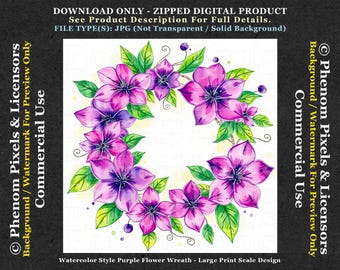 Watercolor Style Purple Flower Wreath - Commercial Use - JPG Format - Downloadable Floral Art - Digital Download