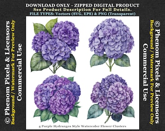 4 Hydrangea Flower Clusters - Commercial Use - SVG EPS Vectors, PNGs - Elegant Purple Floral Art Files - Digital Download