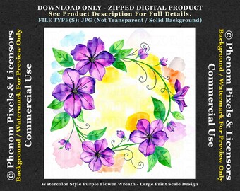Watercolor Style Purple Flower Wreath - Commercial Use - JPG Format - Downloadable Floral Art - Digital Download