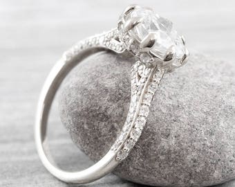 Cushion Moissanite and diamond engagement ring handmade in white gold or platinum antique inspired