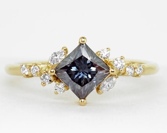 Princess midnight grey Moissanite and diamond unique engagement ring in white/yellow/rose gold or platinum handmade