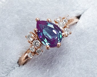 Pear Alexandrite and lab grown diamond floral inspired engagement ring in yellow/rose/white gold or platinum