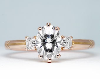 Oval moissanite diamond trilogy 3 stone engagement ring handmade in rose/white/yellow gold or platinum petite delicate low profile