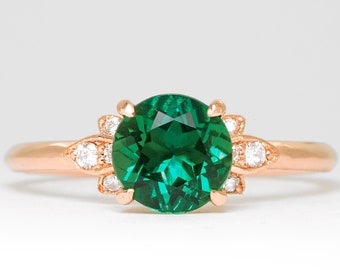 Emerald and diamond engagement ring handmade in yellow/rose/white gold or platinum floral leaf inspired