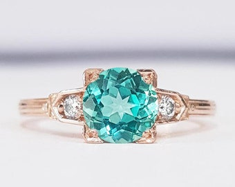 Mint sapphire and diamond engagement ring handmade in white/yellow/rose gold or platinum art deco inspired