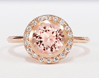 Champagne peach sapphire and diamond halo bezel rubover engagement ring in rose/white/yellow gold