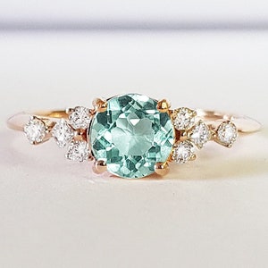 Mint sapphire and Diamond engagement ring handmade in yellow/white/rose gold cluster delicate petite thin band