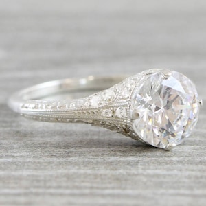 Moissanite and diamond engagement ring art deco 1920's inspired engraved unique ring for her