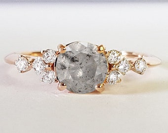 Salt and pepper Diamond engagement ring handmade in yellow/white/rose gold cluster delicate petite thin band