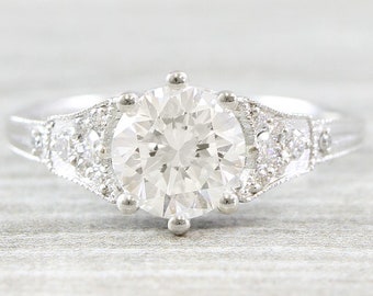 Moissanite and diamond engagement ring antique 1920s inspired handmade in white/rose/yellow gold or platinum