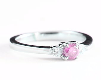 Pink diamond engagement ring 3 stone diamond ring handmade in gold or platinum for her