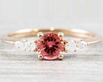 Padparadscha peach sapphire engagement ring handmade in rose/white/yellow gold with diamonds marquise 5 stone antique inspired