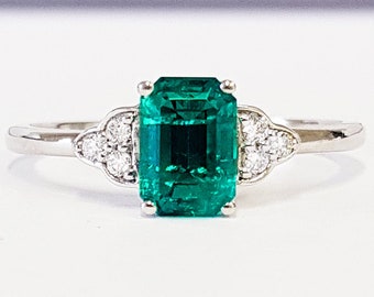 Emerald and diamond engagement ring art deco 1920's inspired thin petite band unique ring for her