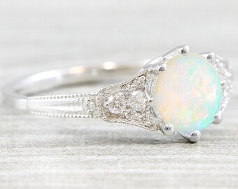 Opal and diamond engagement ring antique 1920s inspired handmade in white/rose/yellow gold or platinum