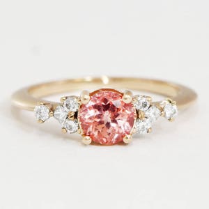 Peach padparadscha sapphire and Diamond engagement ring handmade in yellow/white/rose gold cluster delicate petite thin band image 1