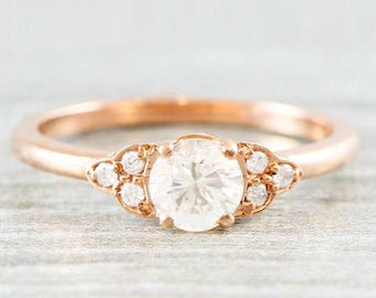 Diamond rose gold engagement ring art deco 1920's inspired thin petite band 14k unique ring for her