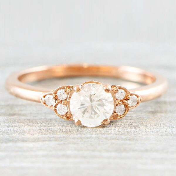 Diamond rose gold engagement ring art deco 1920's inspired thin petite band 14k unique ring for her