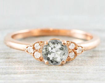 Salt and pepper diamond rose/white/yellow gold engagement ring art deco 1920's inspired thin petite band unique ring for her