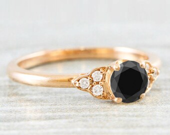 Black and white diamond rose/white/yellow gold or platinum engagement ring art deco 1920's inspired thin petite band unique
