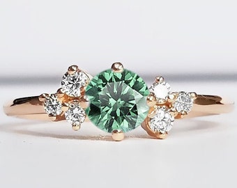 Green sapphire and diamond unique engagement ring in white/yellow/rose gold or platinum handmade