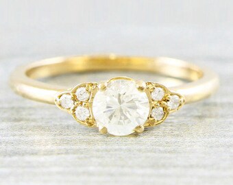 Moissanite rose/white/yellow gold engagement ring art deco 1920's inspired thin petite band 14k unique ring for her