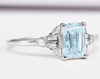 Aquamarine and diamond emerald cut engagement ring in white/rose/yellow gold or platinum for her handmade ring UK