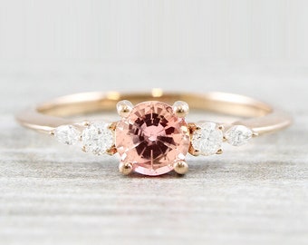 Champagne rose sapphire engagement ring handmade in rose gold with diamonds marquise 5 stone antique inspired