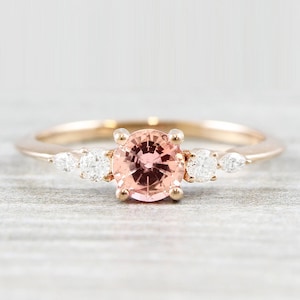 Champagne rose sapphire engagement ring handmade in rose gold with diamonds marquise 5 stone antique inspired