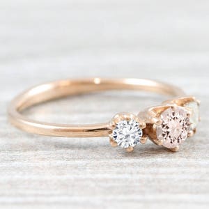 Morganite and diamond/moissanite trilogy 3 stone engagement ring handmade in gold or platinum image 1