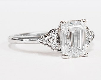 Emerald cut Moissanite/White Sapphire and Diamond engagement ring antique 1920s inspired handmade in rose/white/yellow gold