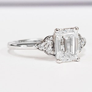 Emerald cut Moissanite/White Sapphire and Diamond engagement ring antique 1920s inspired handmade in rose/white/yellow gold