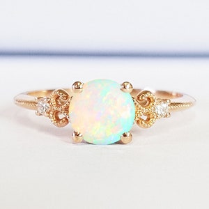 Opal and diamond milgrain engagement solitaire art nouveau inspired ring in gold or platinum handmade for her UK