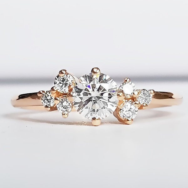 Moissanite and diamond cluster engagement ring in white/rose/yellow gold or platinum