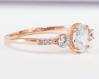 Oval moissanite diamond milgrain trilogy 3 stone engagement ring handmade in rose/white/yellow gold or platinum petite delicate low profile