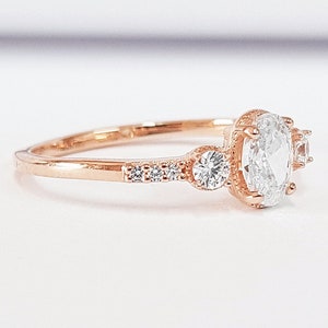 Oval moissanite diamond milgrain trilogy 3 stone engagement ring handmade in rose/white/yellow gold or platinum petite delicate low profile