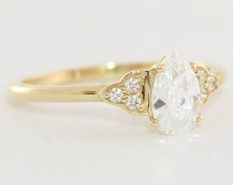 Pear cut Moissanite/White Sapphire and Diamond engagement ring antique 1920s inspired handmade in rose/white/yellow gold