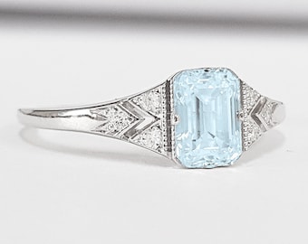 Aquamarine and diamond handmade engagement ring in rose/white/yellow gold or platinum for her
