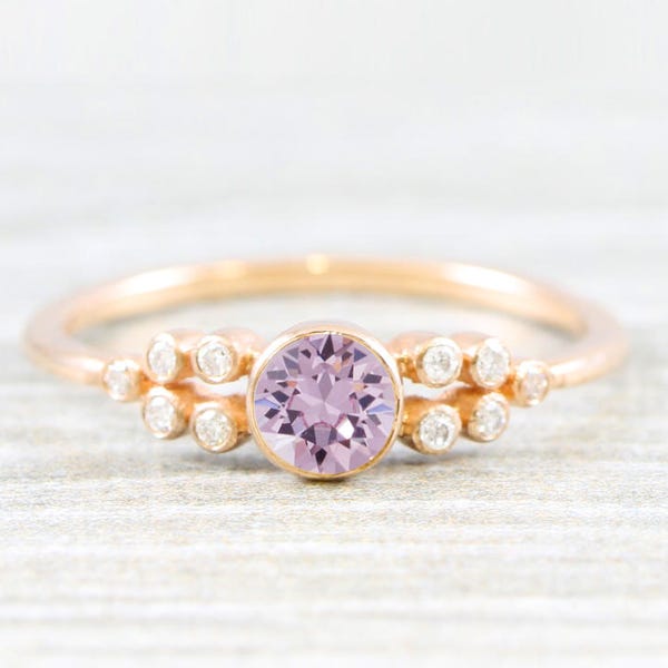 Lavender amethyst and diamond art deco 1920's inspired engagement ring in rose/yellow/white gold or platinum handmade