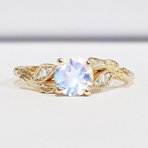 Moonstone twig engagement ring with diamonds leaf wood branch leaves in white/rose/yellow gold or platinum handmade