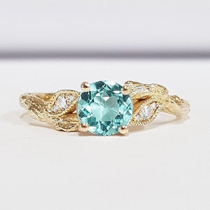 Nature inspired engagement ring with mint sapphire and diamond twig wood branch leaf leaves in white/rose/yellow gold or platinum handmade