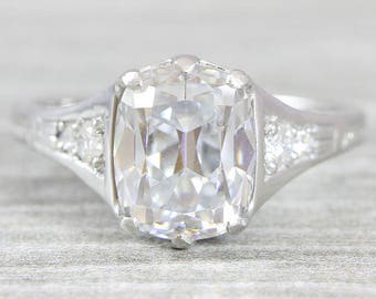 Cushion Moissanite and diamond engagement ring art deco inspired handmade in rose/white/yellow gold or platinum
