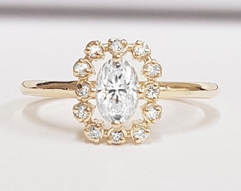Moissanite and diamond floral cluster handmade engagement ring in rose/white/yellow gold or platinum for her