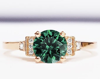 Green sapphire and diamond engagement ring handmade in white/yellow/rose gold or platinum antique 1920s art deco inspired