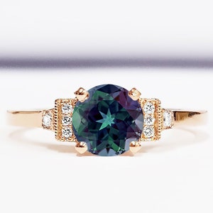 Alexandrite and diamond engagement ring handmade in white/yellow/rose gold or platinum antique 1920s art deco inspired