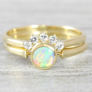 Opal and diamond engagement wedding ring set handmade in rose/white/yellow gold art deco inspired thin petite band minimal simple unique image 1