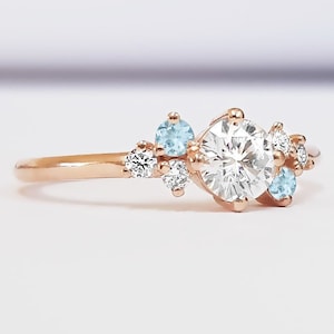 Moissanite, aquamarine and diamond cluster engagement ring in white/rose/yellow gold or platinum