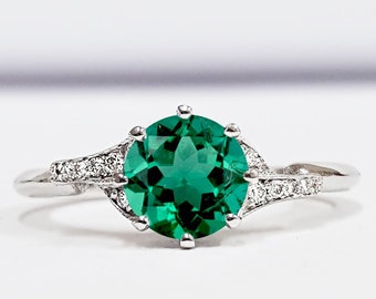 Emerald and diamond engagement ring handmade in white/rose/yellow gold or platinum antique edwardian inspired mount